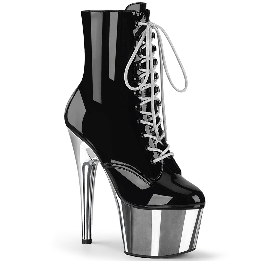 High heel stiletto platform 7" ankle boots lace up pleaser adore 1020 two tone