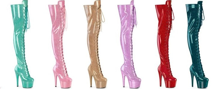 High heel stiletto platform glitter 7" thigh boots lace up pleaser adore 3020gp