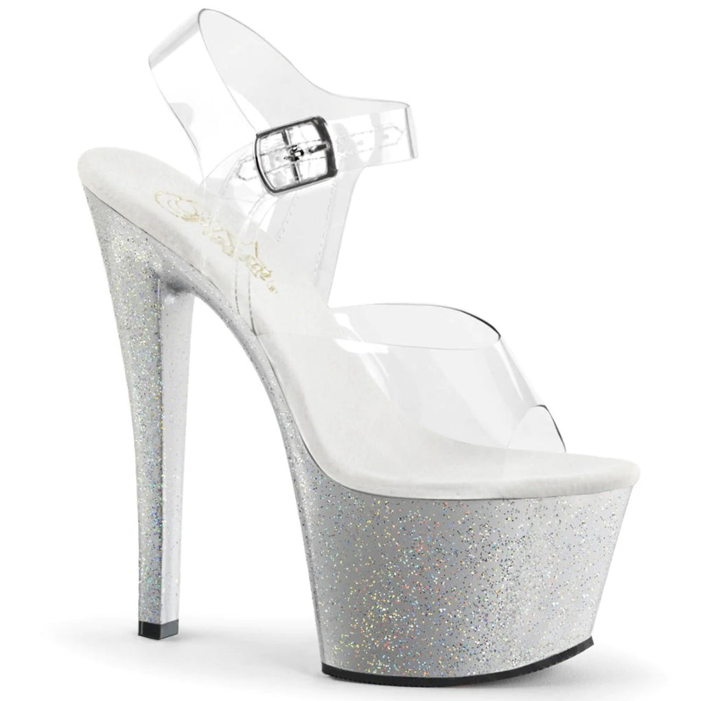 High heel stiletto platform 7" clear pole dancing glitter Pleaser Sky 308mg