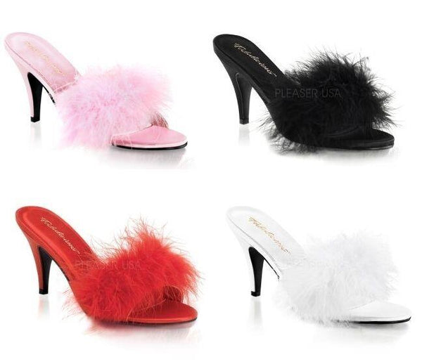 Stiletto heel 3" fluffy mules slip on drag queen ladies Pleaser Amour 03