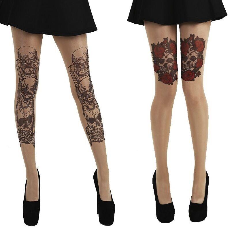 Goth gothic tattoo style tights wildflower skulls roses hear see speak no evil