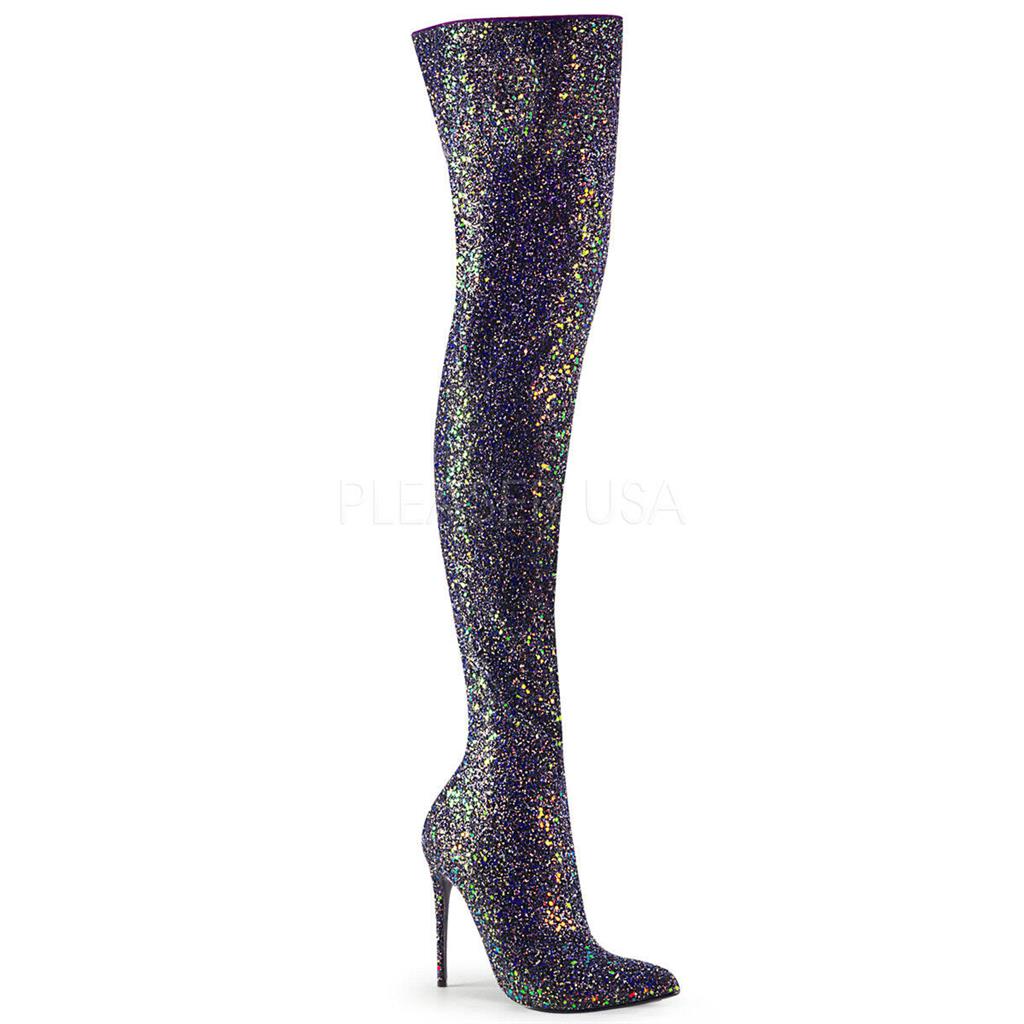 Stiletto heel thigh high glitter boots 5" pointed toe Pleaser Courtly 3015