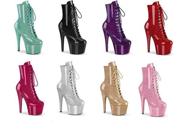 High heel stiletto platform glitter 7" ankle boots lace up Pleaser Adore 1020gp