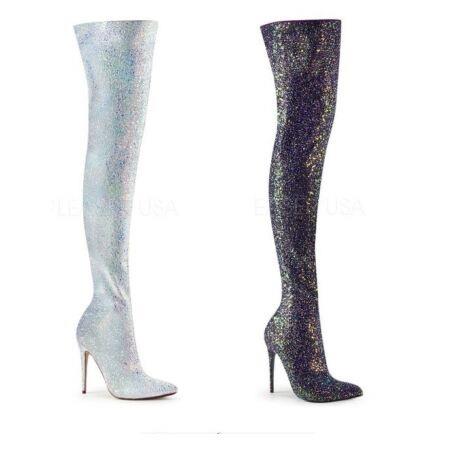 Stiletto heel thigh high glitter boots 5" pointed toe Pleaser Courtly 3015