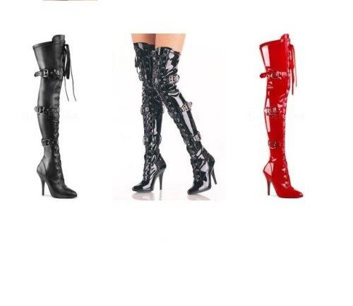 High heel stiletto thigh boots stretch 5" buckle lace fetish Pleaser Seduce 3028